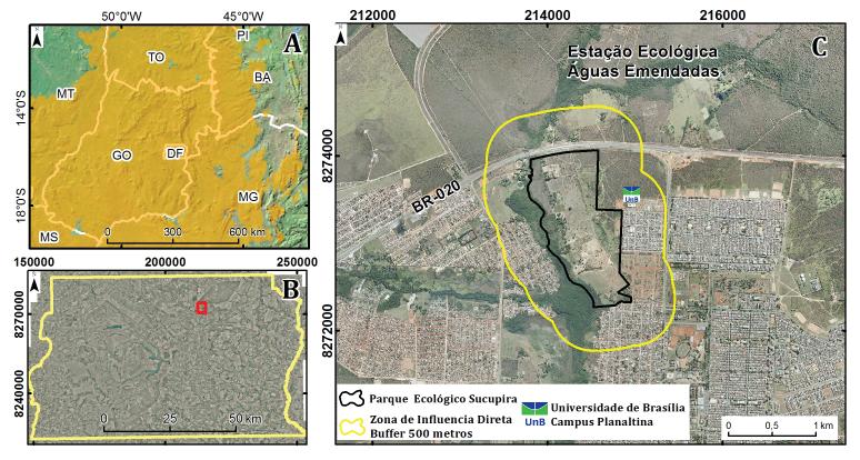 Estudo sobre a cobertura vegetal do Parque Recreativo Sucupira 189 Figura 1 - Contextualização geral do Distrito Federal em relação ao Cerrado (A); localização da área de estudo dentro do Distrito