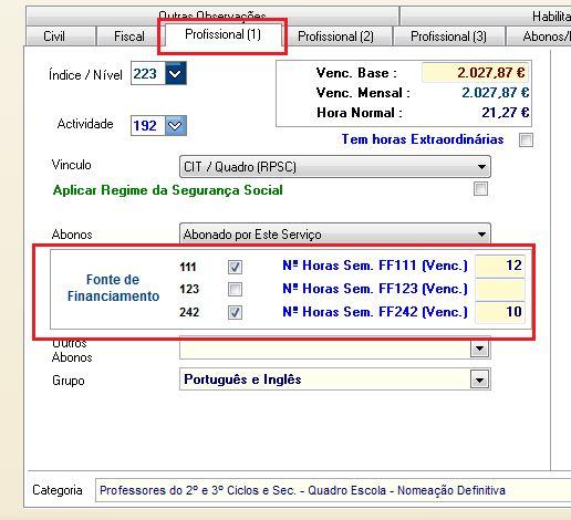 3. Ficheiro de Pessoal 3.1 No separador Profissional 1 foram modificados os campos para indicação do Nº de Horas por fonte de financiamento.