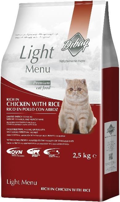 DIBAQ DNM LIGHT MENU STERILISED CHICKEN & RICE Alimento completo para gatos adultos com pouca actividade, com tendência para o excesso de peso e para gatos esterilizados, contém uma selecção