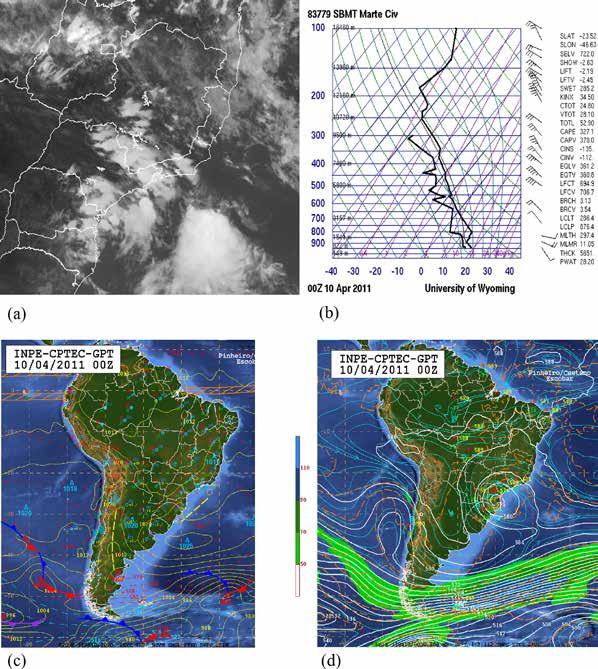 Junho 2014 Revista Brasileira de Meteorologia 219 Figura 5 - (a) imagem do satélite GOES-12 no infravermelho para as 18:15 UTC de 09/04/11, (b) sondagem da 00 UTC de 10/04/11 do aeroporto de Campo de