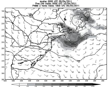 Junho 2014 Revista Brasileira de Meteorologia 221 Figura 7 - Precipitação acumulada em 24 horas (entre 00 UTC dos dias 09 e 10/04/2012); vento em superfície e campo de pressão ao nivel médio do mar