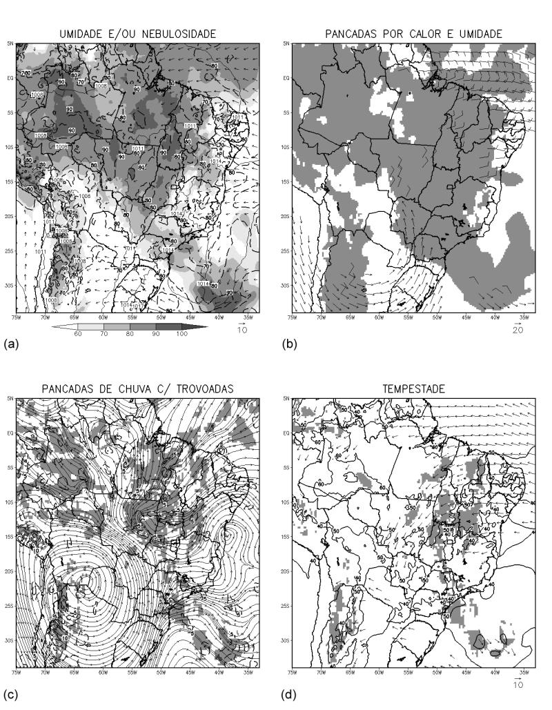 Junho 2014 Revista Brasileira de Meteorologia 223 Figura 9 - Cartas geradas pela análise do modelo ETA para 00 UTC de 18/02/2008: (a) umidade e/ou nebulosidade, (b) pancadas de chuva por calor e