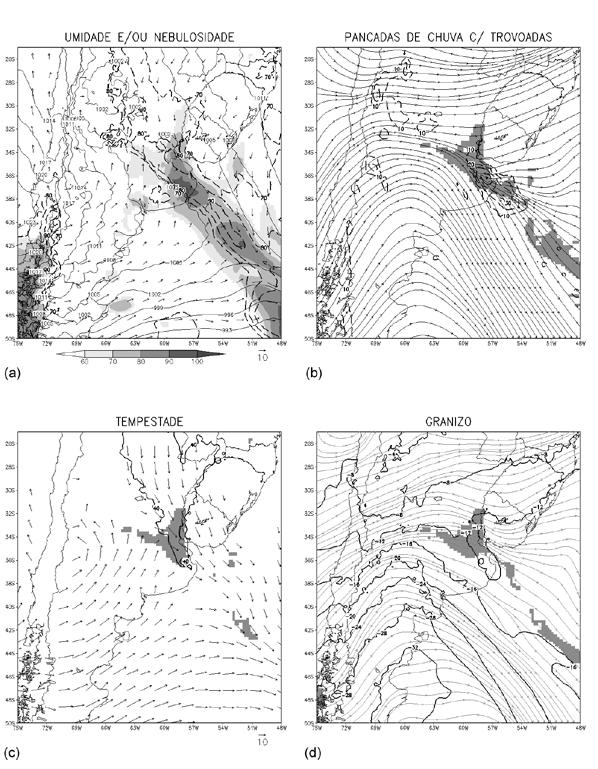 Junho 2014 Revista Brasileira de Meteorologia 215 Figura 2 - Cartas geradas pela análise do modelo ETA para 00Z de 05/04/2012: (a) umidade e/ou nebulosidade, (b) pancadas de chuva com trovoadas, (c)