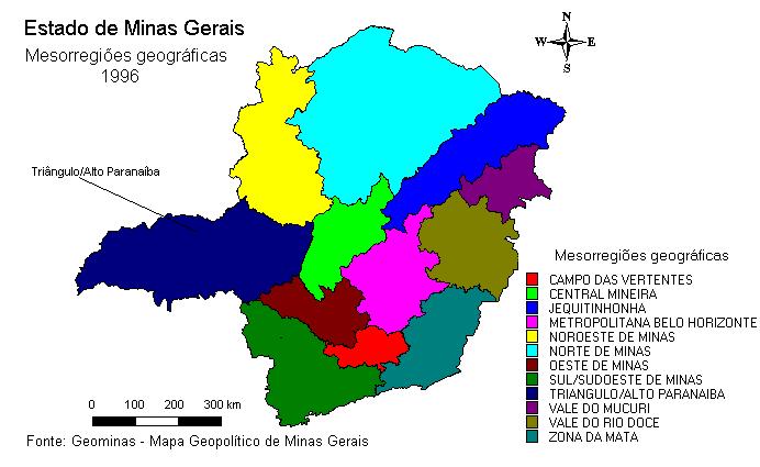 Texto do Curso de Introdução à Quantificação em Geografia 17 O MAPA 1, apresenta as mesorregiões geográficas do estado de Minas Gerais, dando destaque à mesorregião do Triângulo Mineiro e Alto