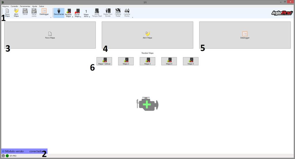 12 TELA INICIAL A Figura 1 mostra a tela inicial do software com o módulo conectado. Nesta tela podemos ver na parte superior a barra de ferramentas, e na parte inferior a barra de status.