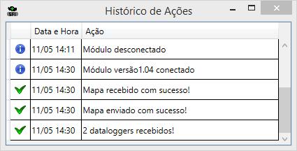 14 BARRA DE STATUS A barra de status mostra o status da conexão e algumas mensagens que são resultados de ações realizadas no software como: Módulo conectado/desconectado, Mapa Recebido, Mapa