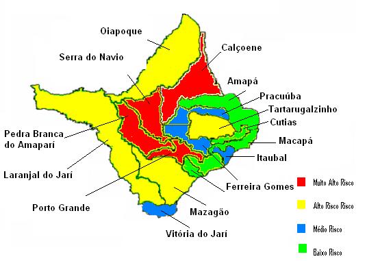 44 Figura 10 Mapa do estado do Amapá estratificado em áreas de risco, conforme a média dos coeficientes de prevalência da LTA de 2002 a 2006, dos cada município, calculada no período de 2002 a 2006.