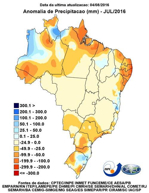 Mapa 3 Total de chuvas para o mês de Julho/2016 Mapa 4 Anomalia de chuvas para o mês de Julho/2016 Houve redução considerável na quantidade de queimadas somente no estado da BA, com