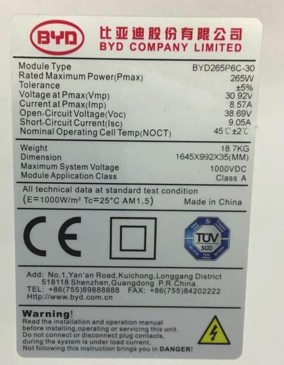 28 / 30 Fig.17: Front view of module type BYD265P6C-30 Fig.17 Vista frontal do tipo de módulo BYD265P6C-30 Fig. 18: Rear view of module type BYD265P6C-30 Fig.