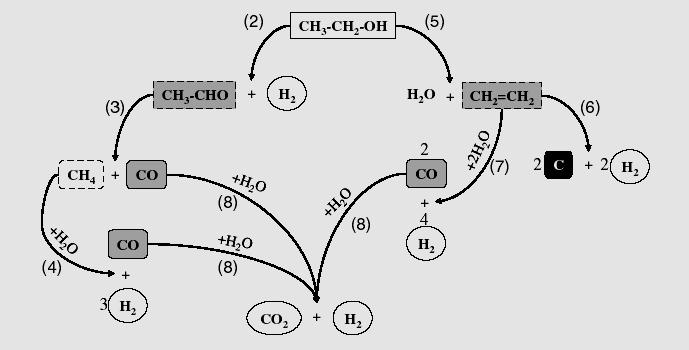 22 C 2 H 5 OH (g) H 3 CCHO (g) + H 2(g) (14) C 2 H 5 OH (g) C 2 H 4(g) + H 2 O (g) (15) H 3 CCHO (g) CO (g) + CH 4(g) (16) C 2 H 4(g) + 2H 2 O (g) 2CO (g) + 4H 2(g) (17) CH 4(g) + H 2 O (g) CO (g) +