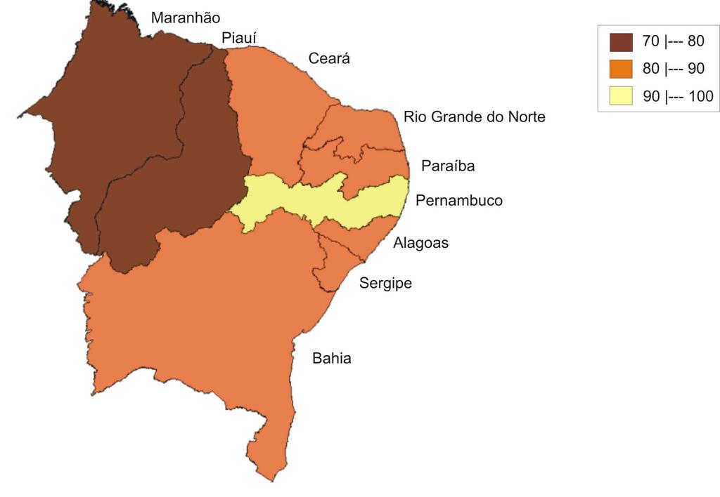 46 Mapa - 1 Distribuição espacial da classificação do grau de cobertura dos óbitos da população adulta dos Estados do