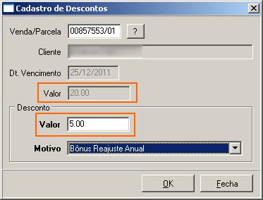 Após a geração da venda, aplicaremos um desconto para em seguida gerarmos os bloquetes. Figura: Desconto de venda Quando o bloquete é gerado, a mensagem de desconto será incluída no mesmo.