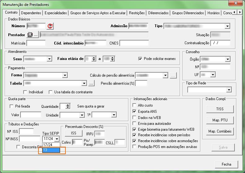 Figura: Manutenção de Prestadores Destaque para o campo Tipo SEFIP 4. Produção Médica 4.