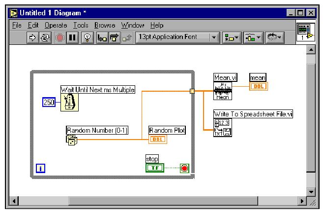 Passo 3: Adicionando um Temporizador à VI Na janela Diagrama de Bloco insira a função Wait Until Next msmultiple dentro do While Loop [Functions»Time & Dialog»Wait Until Next msmultipl; Configure o