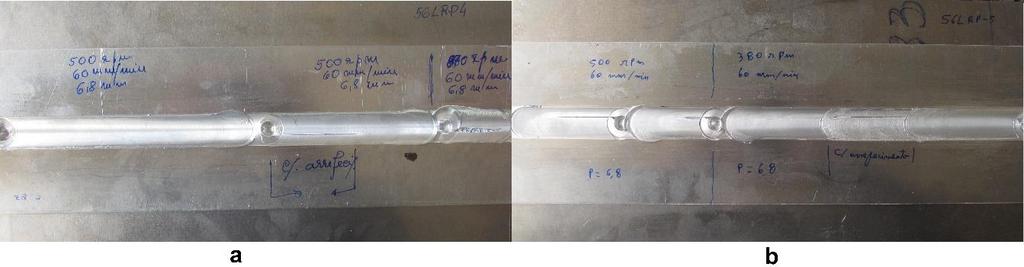 RESULTADOS 56LRP-5B), para uma rotação de 380rpm, igualmente só um pequeno troço não apresentou defeitos superficiais. O aspeto superficial destas juntas pode ser visto na Figura 4.7.