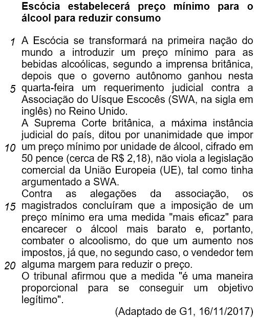 5 13. Sobre o Texto, é incorreto afirmar que: A) A Escócia não é a primeira nação a introduzir um preço mínimo para as bebidas alcoólicas, isto já ocorre em muitos lugares, inclusive no Brasil.