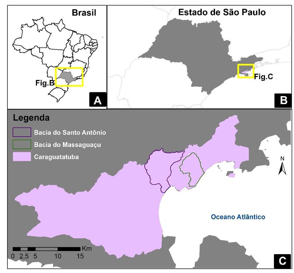 Figura 4: Localização do município de Caraguatatuba com relação ao Brasil (A), Estado de São Paulo (B) e com destaque para as duas bacias selecionadas para estudo, Santo Antônio e Massaguaçu (C).