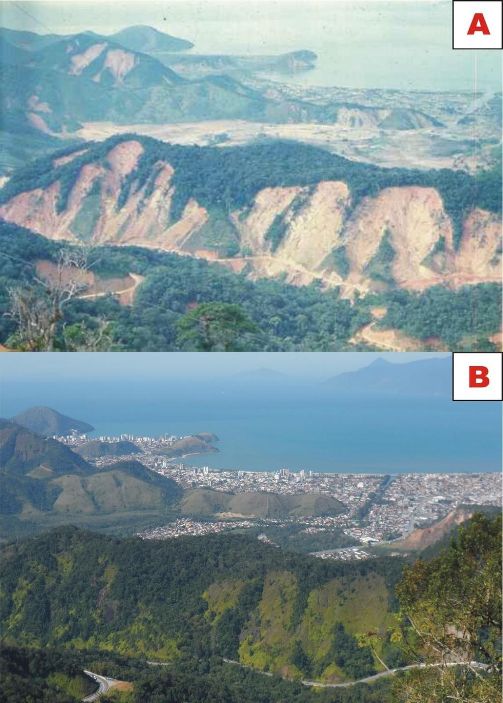 Figura 5: Visão da cidade de Caraguatatuba, em 1967, logo após o Evento (A), e em 2011, com destaque (B). Fonte: GPMorfo.