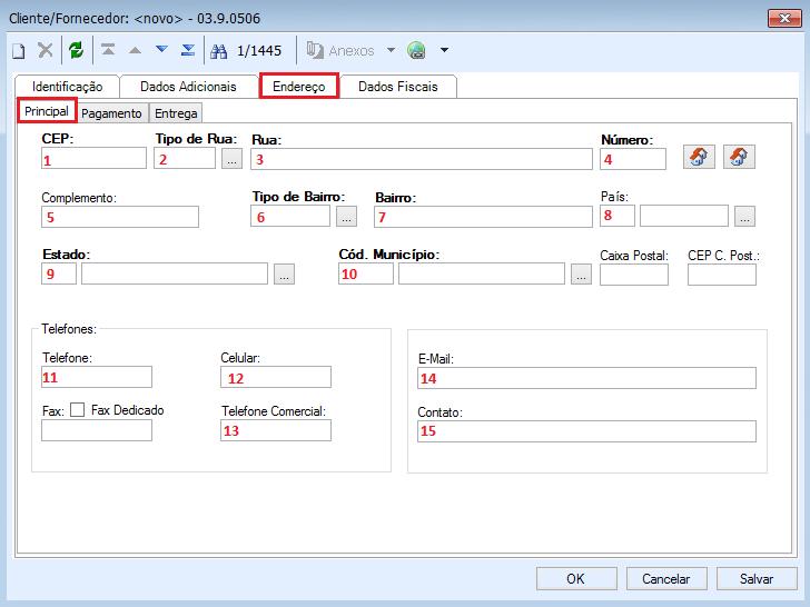 f) Após cadastrar as informações de identificação do cliente, deve-se clicar na aba Endereço e realizar os cadastros necessários na aba Principal.