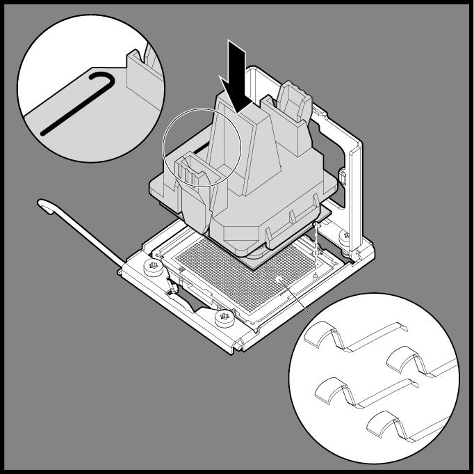 6. Alinhe a ferramenta de instalação de processador com o soquete e instale o processador. OS PINOS NA PLACA DE SISTEMA SÃO MUITO FRÁGEIS E PODEM SE DANIFICAR FACILMENTE.