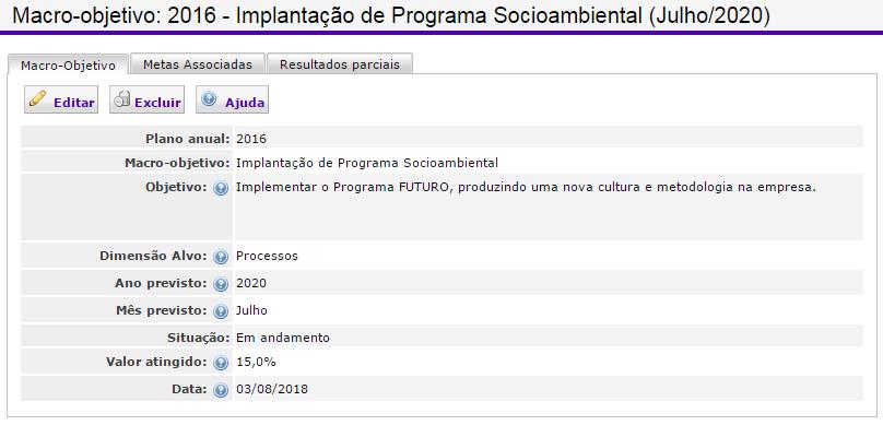 Macro-objetivos O Plano Anual é composto de vários Macro-objetivos. Macro-objetivos são as grandes metas da empresa; não ficam associados a um talento específico.