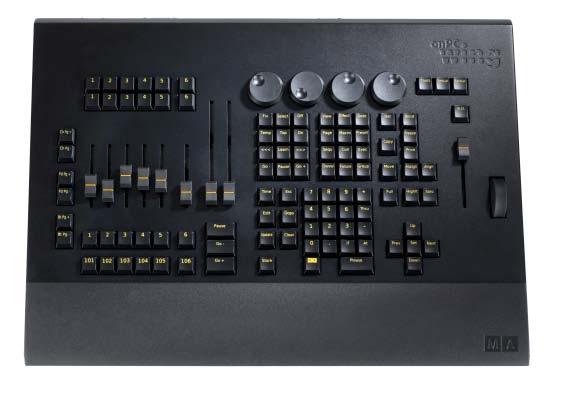 6 faders executores (60mm) + 18 botões de fader executor 6 botões executores Seção de Master com 2