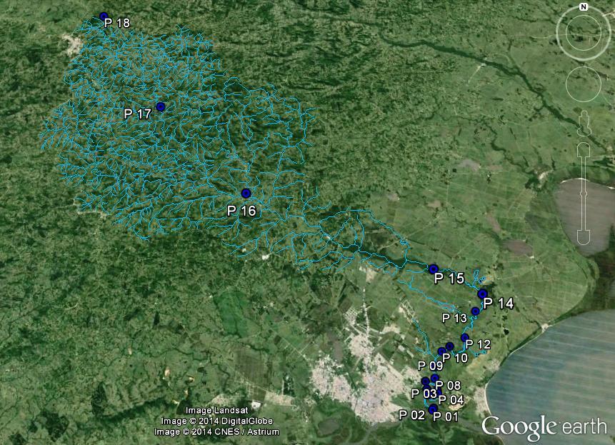 Figura 1 Mapa de localização da rede amostral no Arroio Pelotas. Fonte: GOOGLE EARTH, 2014.