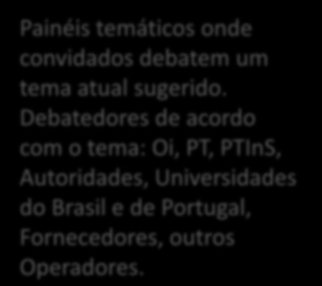 Estrutura Painéis de Debates Painéis temáticos onde convidados debatem um tema atual