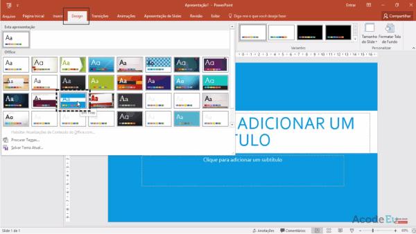 05 - Criando o Próprio Design de Slide no Power Point 2016 Escolhendo o Tema Pronto de Apresentação no Power Point Para