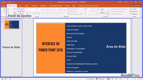 Interface do Power Point 2016 Interface é a tela que dá acesso a menus, botões e outros comandos que podemos utilizar no programa.