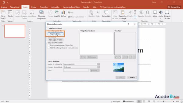 08 - Como fazer Slide de Fotos usando o Álbum de Fotografias no Power Point Como colocar varias fotos de uma vez no Power Point Para dar início a criação do Slide de Fotos, clique na aba Inserir e