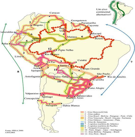 Figura 1: Eixos de integração na America Latina. Fonte IIRSA, 2000. A percepção ambiental global trouxe à luz a interdependência entre o comércio internacional e o meio ambiente.