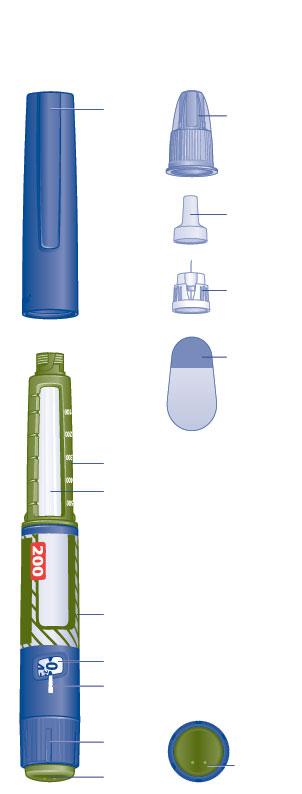Tresiba caneta pré-cheia e agulha (exemplo) (FlexTouch) Tampa da caneta Proteção exterior da agulha Proteção interior da agulha Agulha Selo de proteção Escala da insulina Janela