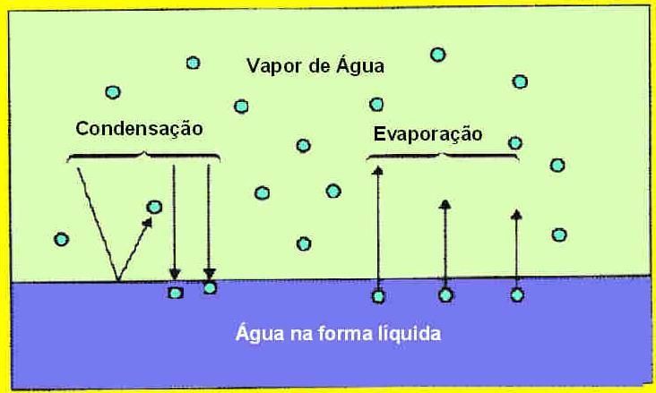 Movimento da Molécula de Água entre as Superfícies de Água e o Ar Quando a taxa de saída de moléculas é maior que a de