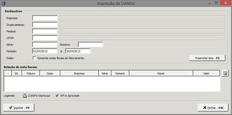 4.5.4 Impressão de DANFEs Para imprimir DANFEs (Documento Auxiliar da Nota Fiscal Eletrônica), acessar o módulo Gerencial > Financeiro > Fiscal > Impressão de DANFEs.