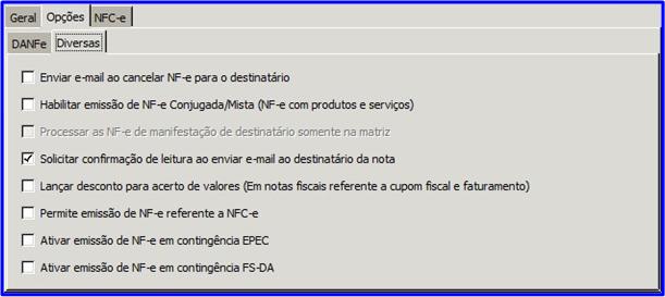 Esta aba possui os campos: Enviar e-mail ao cancelar NF-e para o destinatário: permitirá que após cancelar uma NF-e, será enviado um e-mail de cancelamento para o destinatário; Habilitar emissão de