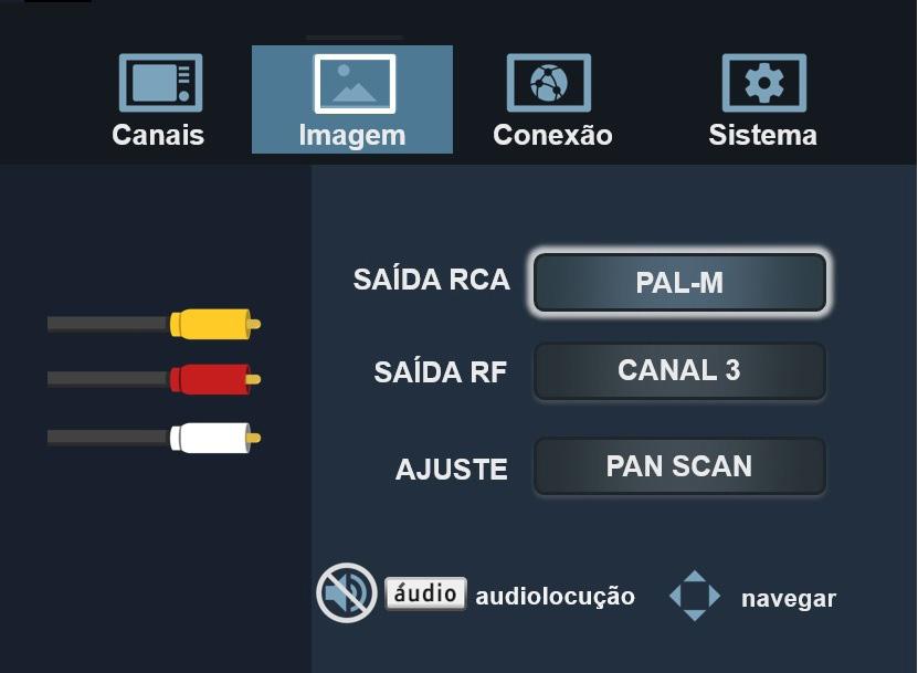 6.2. Imagem Este menu permite alterar as opções de Saída RCA, Saída RF e Ajuste. Imagem Saída RCA Este menu permite definir o conversor com o sistema de cores de sua TV. 1.