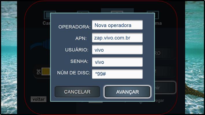 Conexão 3G (modem 3G) Conecte o modem 3G na interface USB do conversor digital, será exibida uma mensagem informando que o dispositivo USB foi conectado.