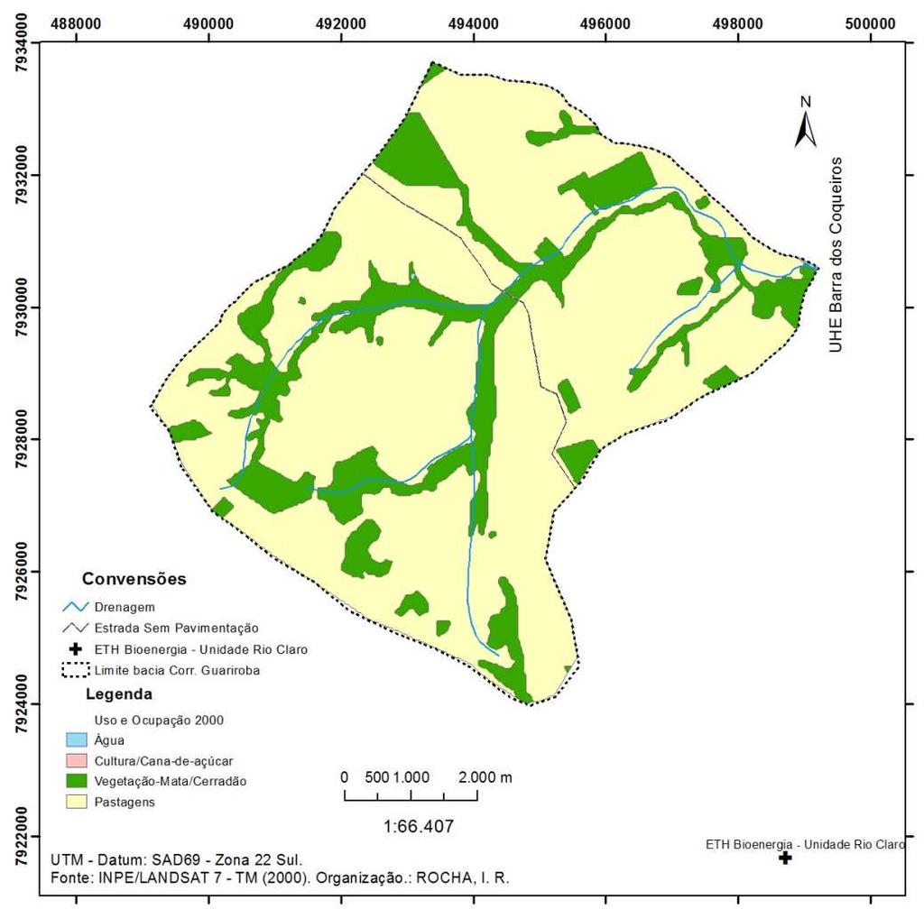 A vegetação tem menor abrangência, no mapa de uso da terra de 2010, provavelmente pela construção do reservatório que removeu e/ou afogou parte da vegetação natural preexistente.