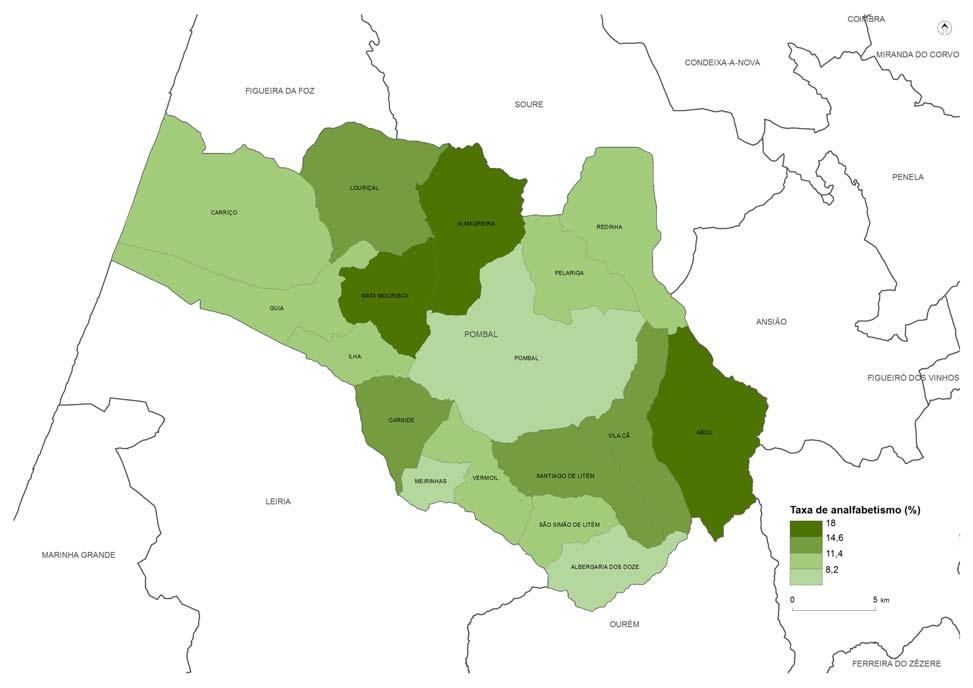 Figura 2: Taxa de analfabetismo por freguesia,2011 Fonte: Censos 2011, INE Desta forma, as freguesias com caráter mais rural são aquelas que apresentam taxas superiores à média concelhia, 10,32%, no