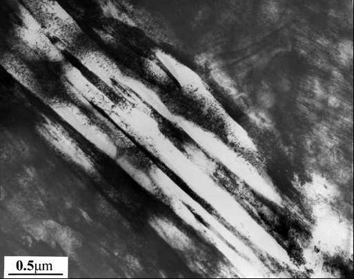 partição a 400 C por 30 s. (a) imagem em campo claro indicando a presença de ferrita e (b) imagem em campo escuro destacando a austenita.