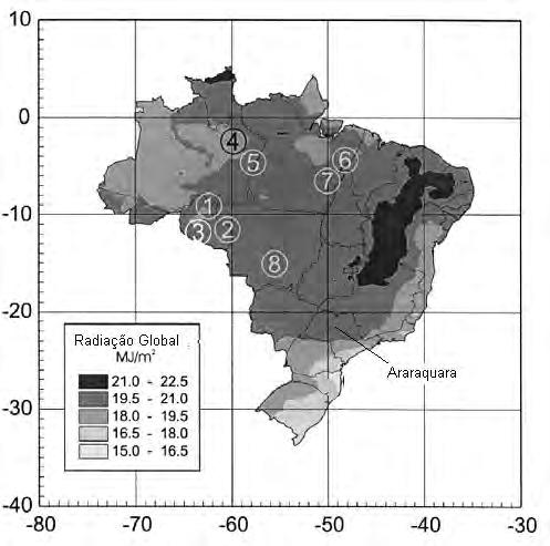 37 A distribuição da radiação solar global (direta e difusa) média que alcançou o Brasil entre 1995 e 1998 foi estimada por Pereira et al. (2000).