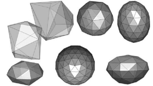 Figura 9. Diferentes formatos de partículas poligonais em 3D, utilizadas nas simulações de elementos discretos. Fonte: adaptada de Matuttis & Chen (2014).