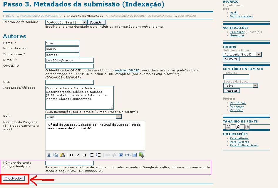 Os dados do trabalho também devem ser preenchidos, título,