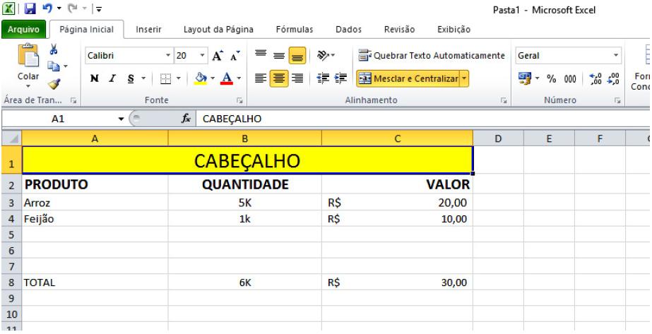 20ª) Observe a figura seguinte para responder à próxima questão. Analise os itens a seguir e marque a alternativa correta. I) As células A1, B1 e C1 estão mescladas e centralizadas.