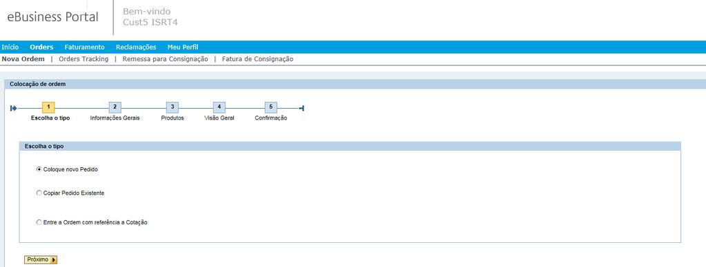 CRIAR NOVA ORDEM Selecionar Coloque novo Pedido (pedido de amostra não podem ser inseridas pelo portal)