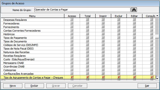 Esta tela permite realizar o cadastro dos tipos de agrupamentos que serão utilizados no momento do lançamento das contas a pagar com cheques.