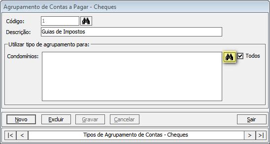 j) Clique em Novo, informe o código do tipo de agrupamento e preencha a descrição. Informe quais condomínios utilizarão o tipo de agrupamento, clicando no binóculo ao lado do campo Condomínios.