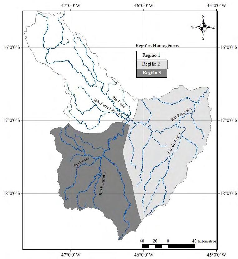 Figura 68 Regiões homogêneas consideradas para a regionalização das vazões na bacia do Paracatu pelo método tradicional.
