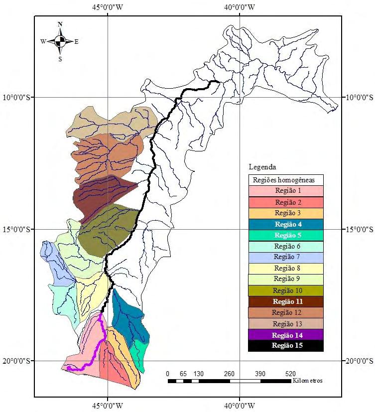 Figura 37 Regiões homogêneas consideradas para a regionalização das vazões mínimas na bacia do São Francisco pelo método tradicional.